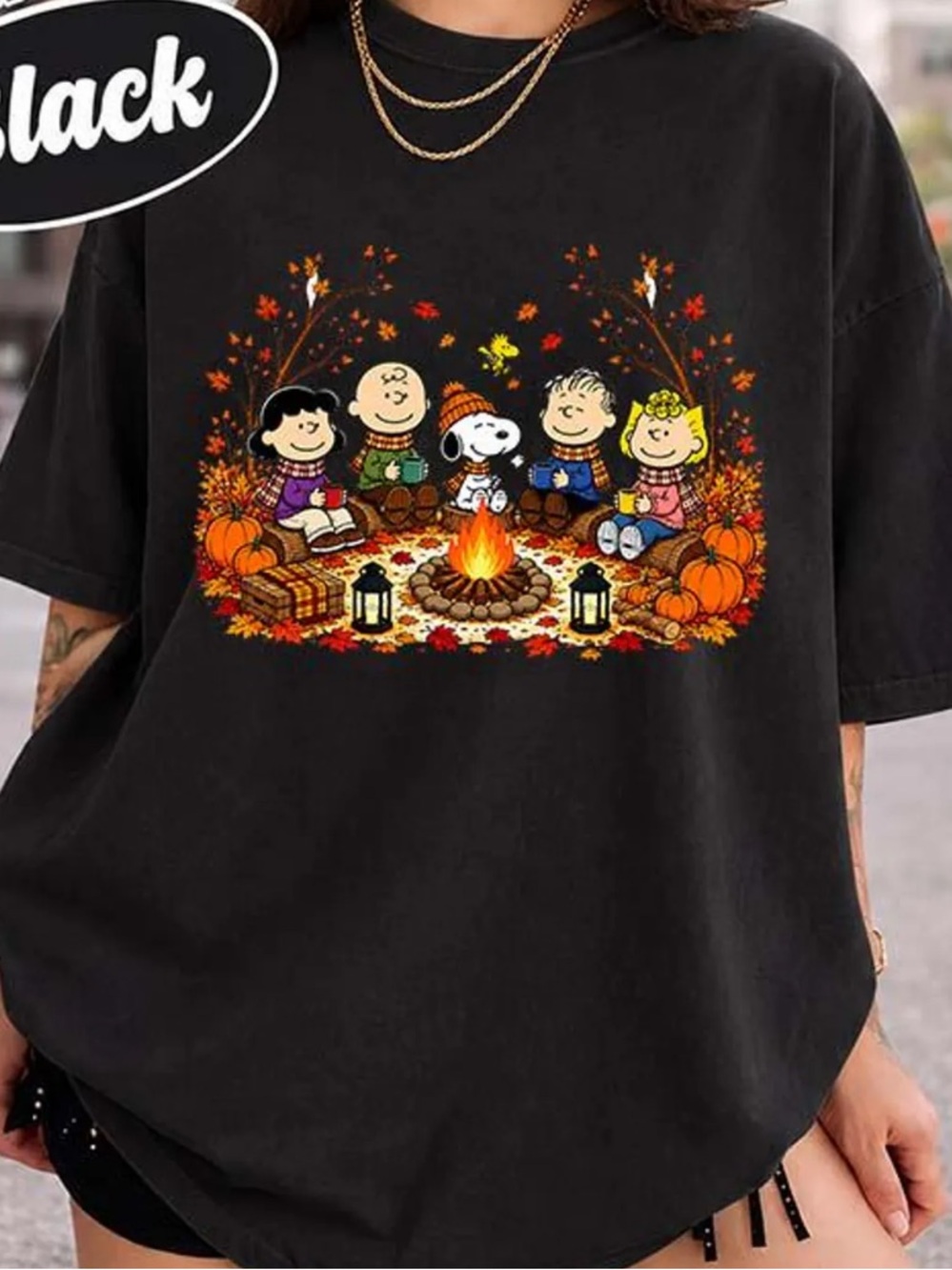 Black Peanuts Fall Campfire Graphic Tee